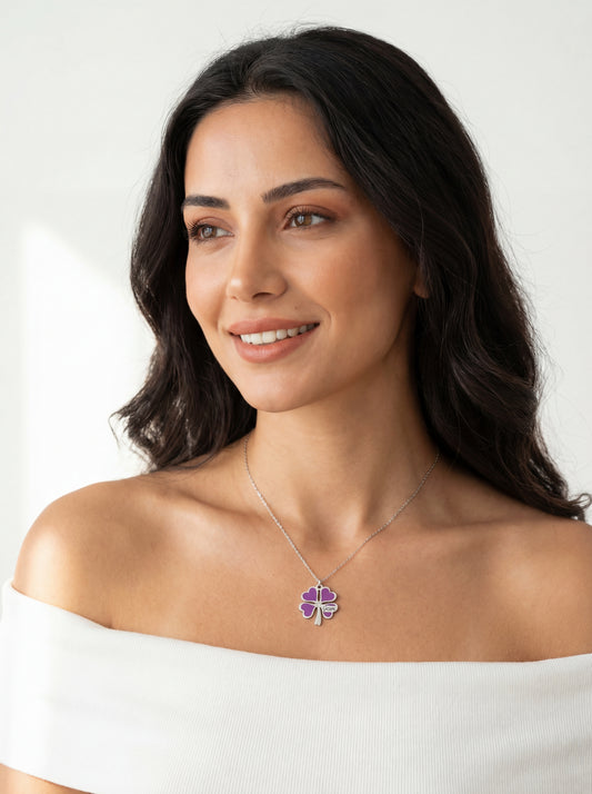 eJOYA Kişiye Özel Uğurlu Mor Yonca Gümüş Kolye 113195